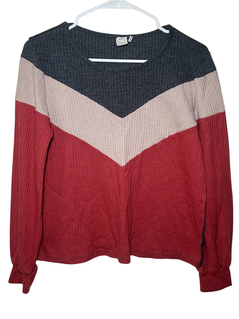 Paper Crane Cozy Colorblock Chevron Thermal Long Sleeve  Red, Cream Gray Top S